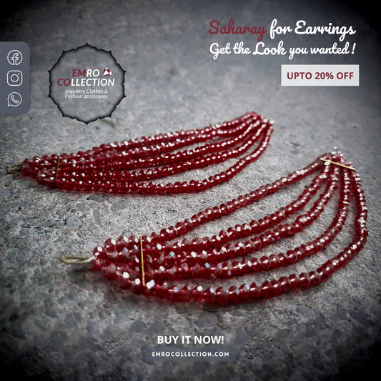 Maroon Earrings chain, Meroon saharay for earrings, crystal saharay, crystals kaan chain, saharay to support earrings Indian Pakistani jewellery