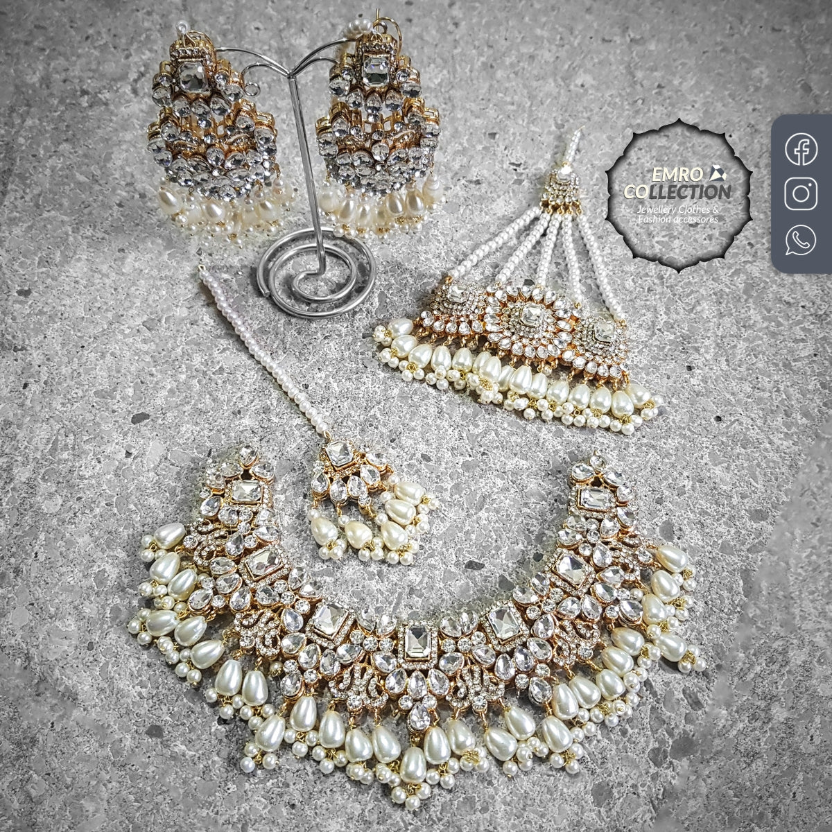 bright golden necklace with cream pearls - pakistani jewelry