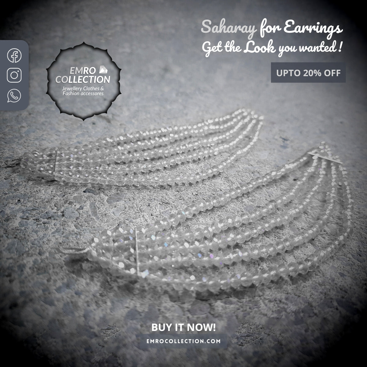 clear white earrings chain, silver saharay for earrings, crystal saharay, crystals kaan chain, saharay to support earrings indian pakistani jewellery