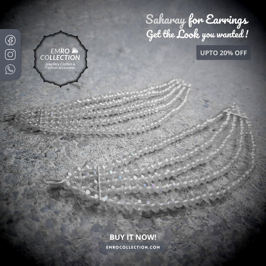 Clear White Earrings chain, Silver saharay for earrings, crystal saharay, crystals kaan chain, saharay to support earrings Indian Pakistani jewellery