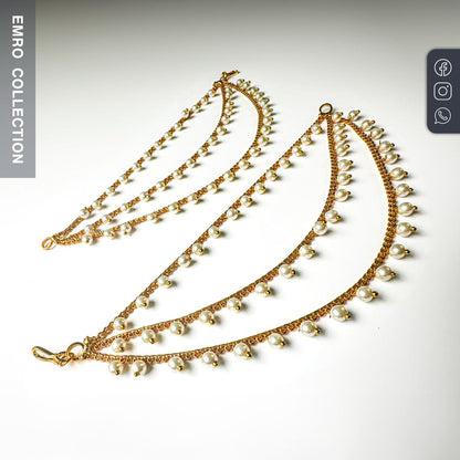 Pakistani Golden Earrings Chain With Off-White Pearls