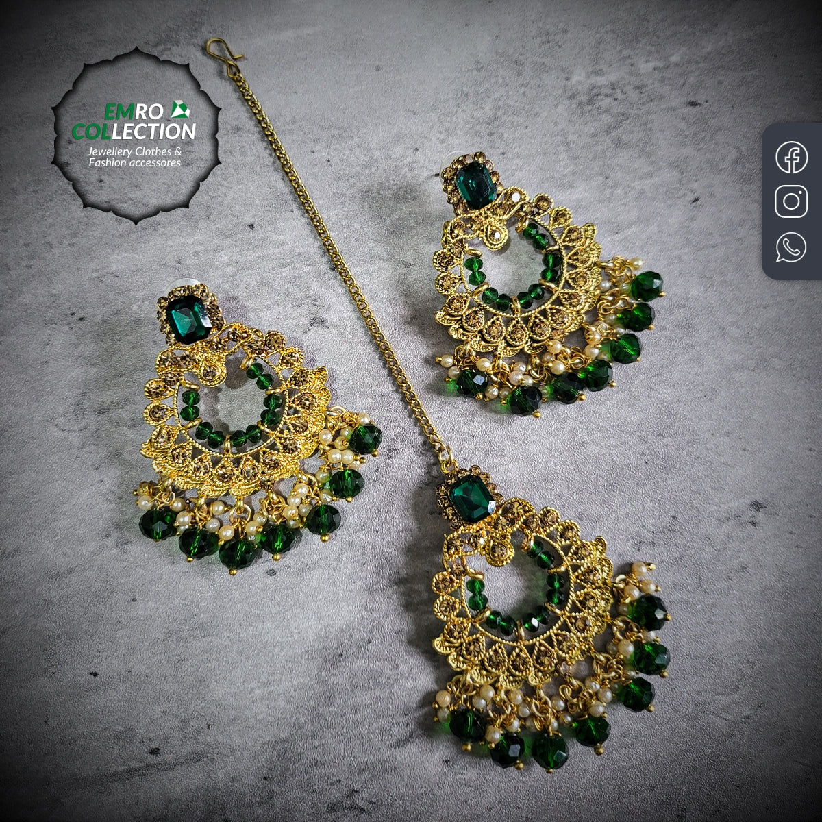 green earrings and mang tikka set