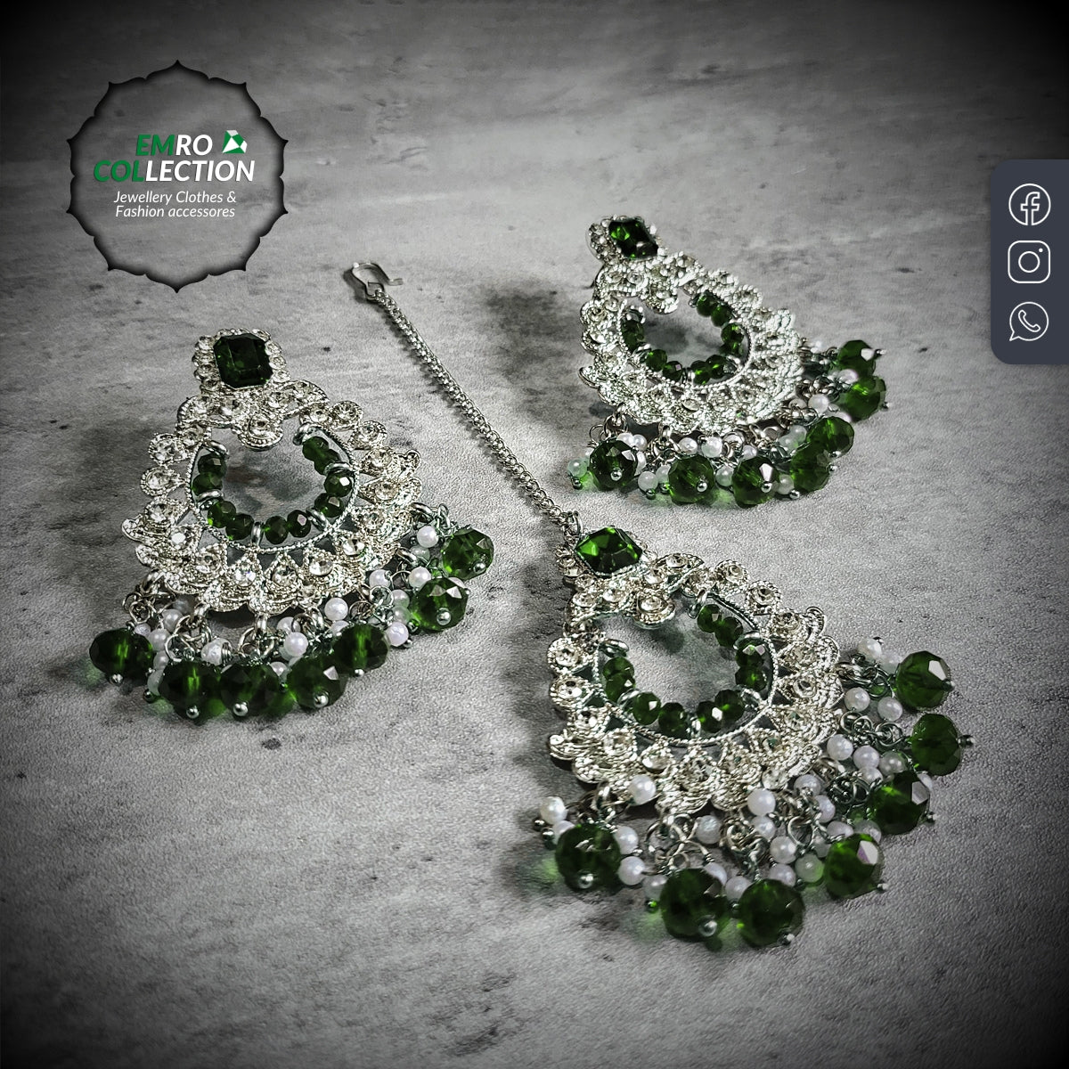 silver green earrings and mang tikka set