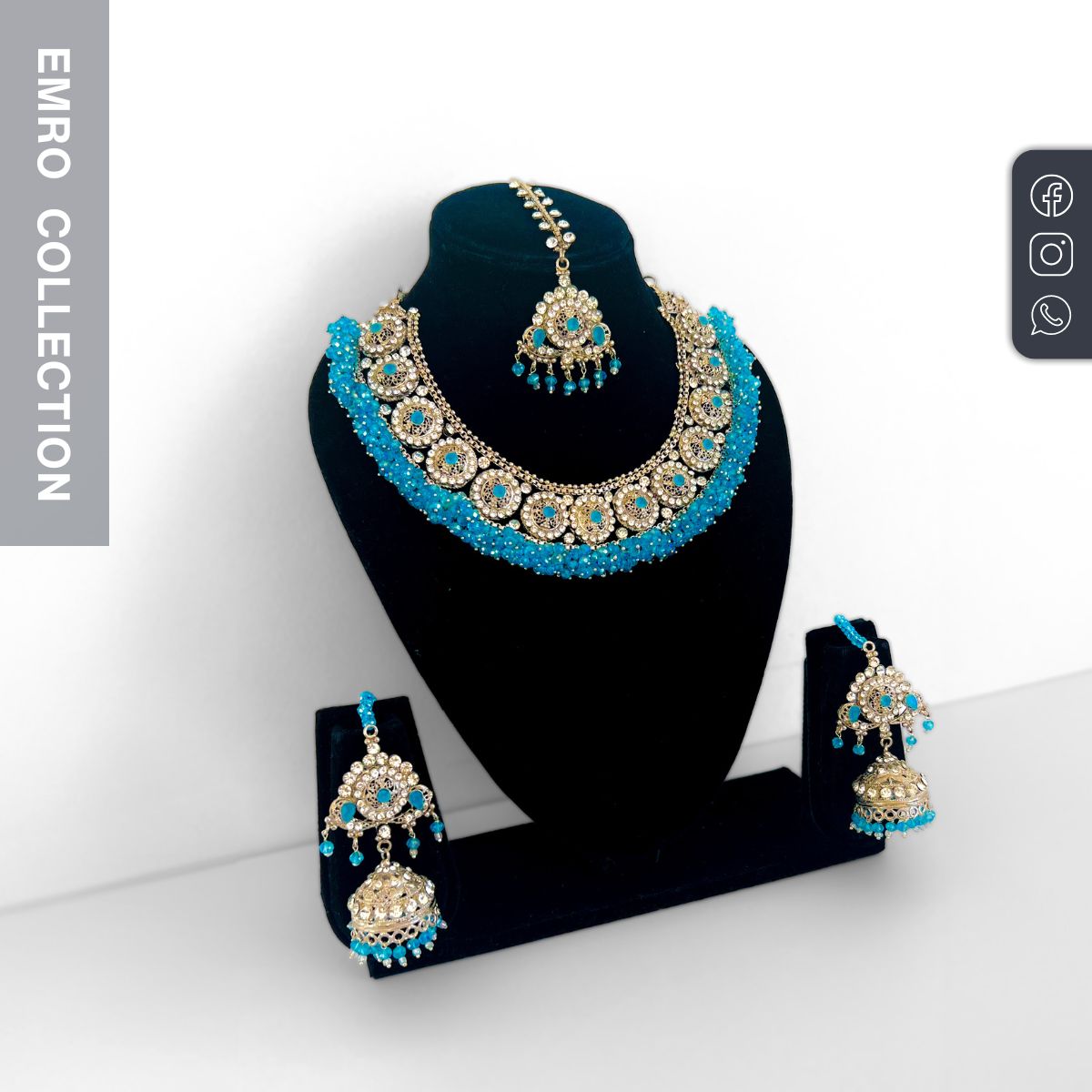 Handcrafted gold and light blue necklace set with earrings and tikka, perfect for Pakistani weddings and special occasions