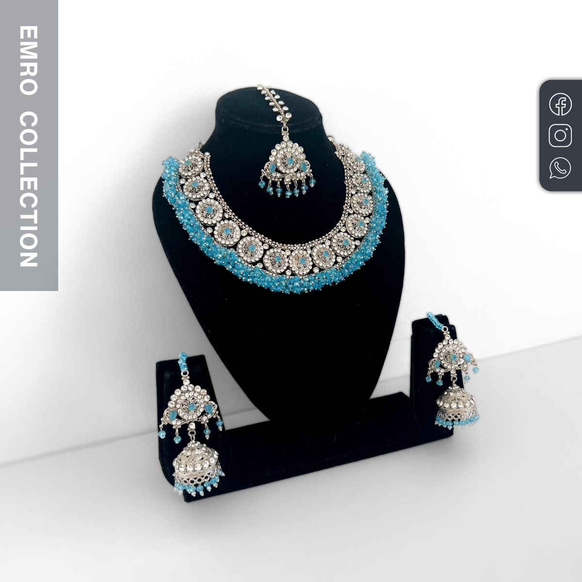 light blue necklace, silver and white sky blue necklace, high quality pakistani jewelry, complete party necklace set with earrings and a matching tikka