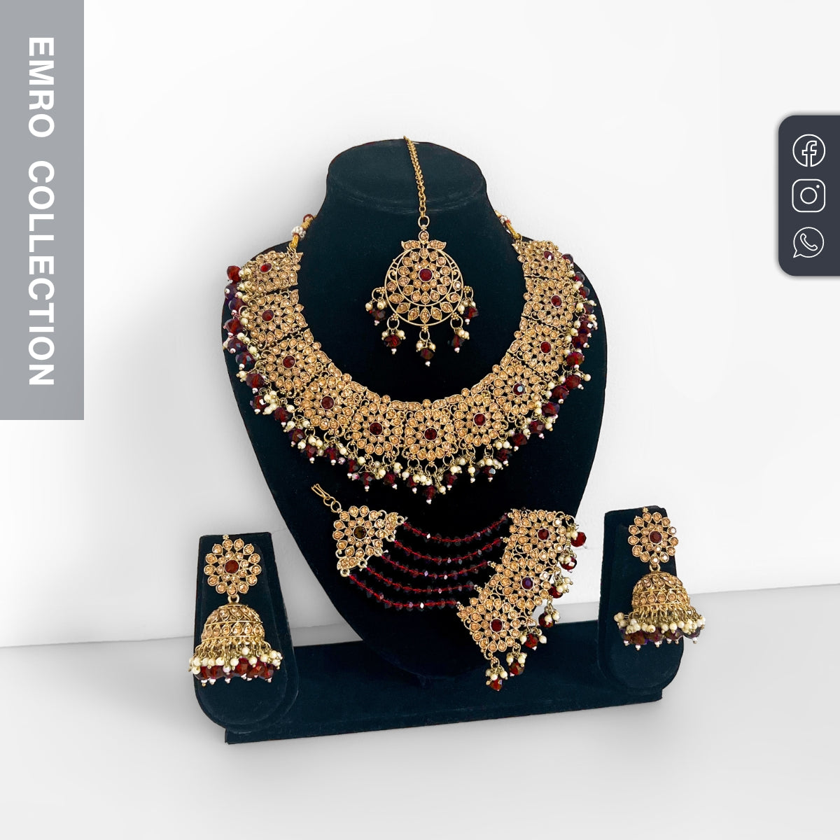 maroon necklace, high quality indian jewelry, complete party necklace set with earrings, tikka and a matching jhoomar