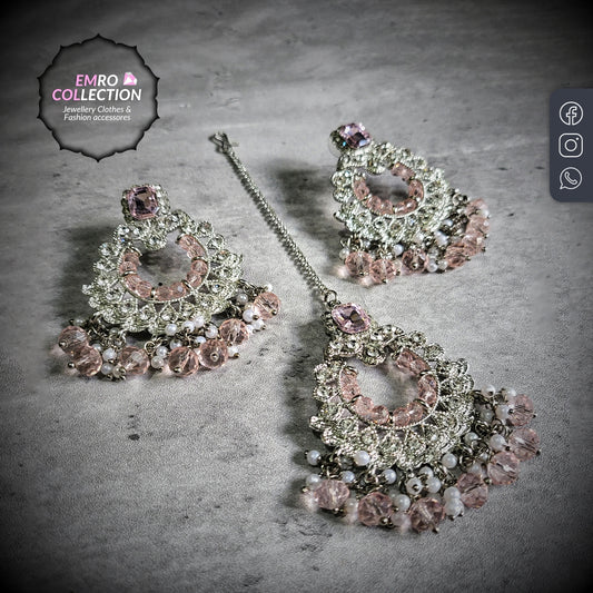 Silver and Baby Pink Earrings Tikka Set