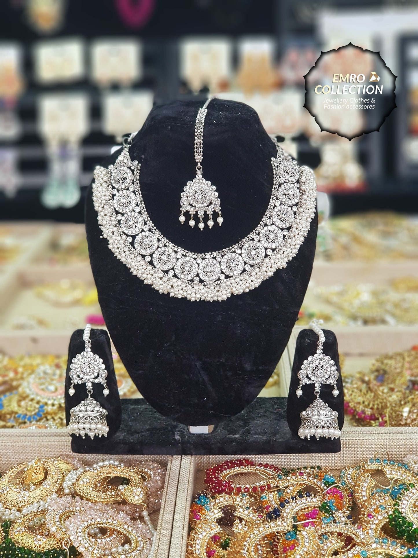 high-quality silver necklace set with earrings and tikka, perfect for party wear and pakistani festive occasions