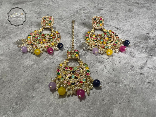 Multi earrings tikka set, Pearl earrings, Indian earrings, High quality Indian jewellery. suitable for wedding and parties