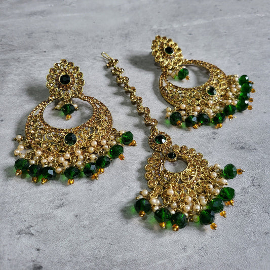 Green Maang tikka and Earrings