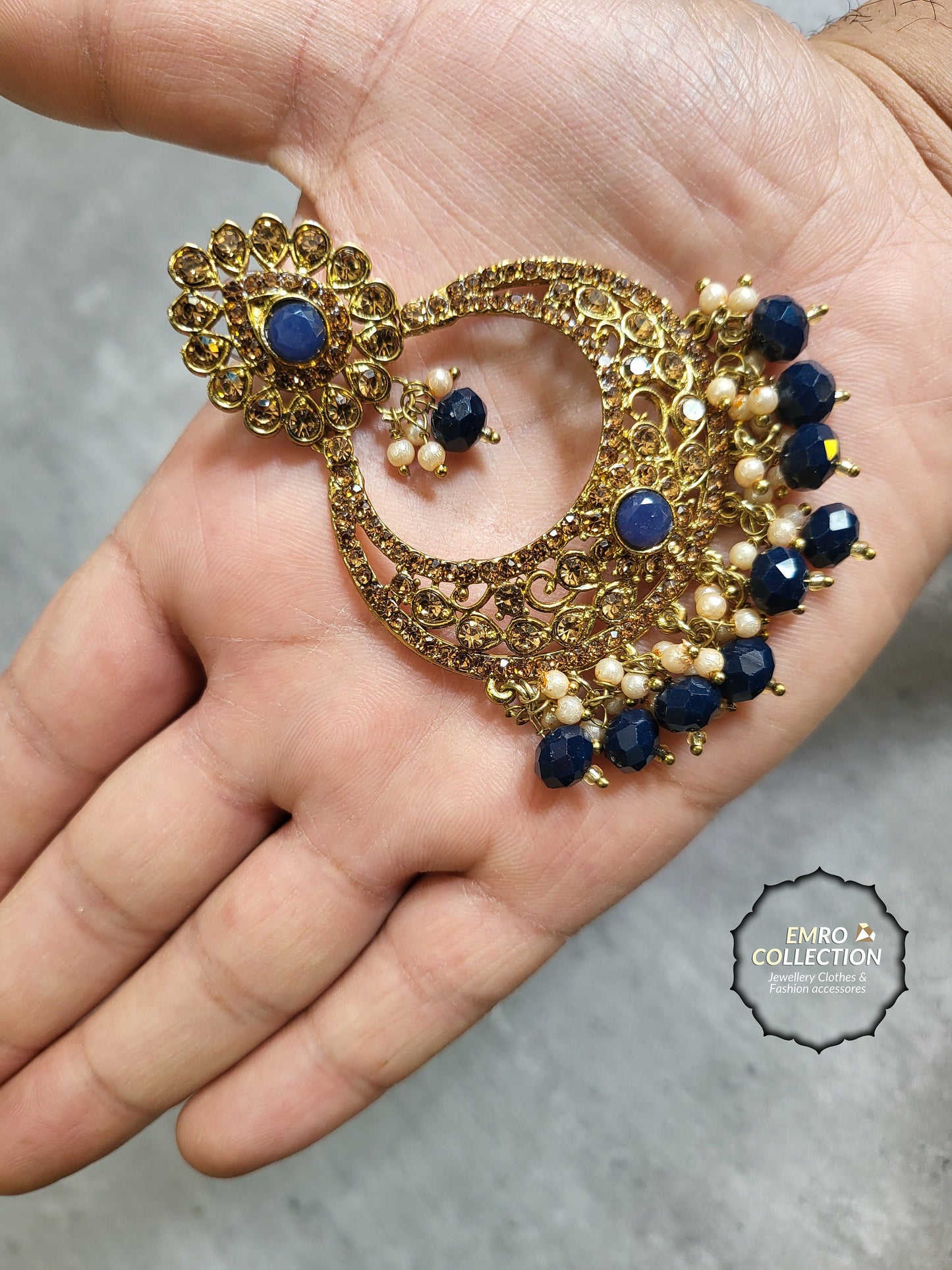 navy blue earrings tikka set, dark bllue earrings, wedding jewellery, high quality indian jewellery. suitable for wedding and parties