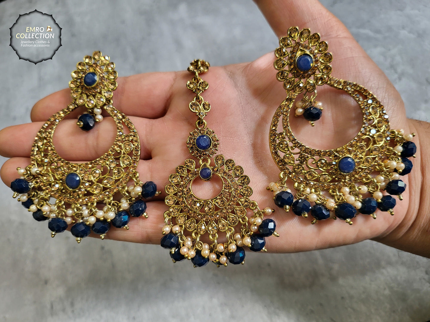 navy blue earrings tikka set, dark bllue earrings, wedding jewellery, high quality indian jewellery. suitable for wedding and parties