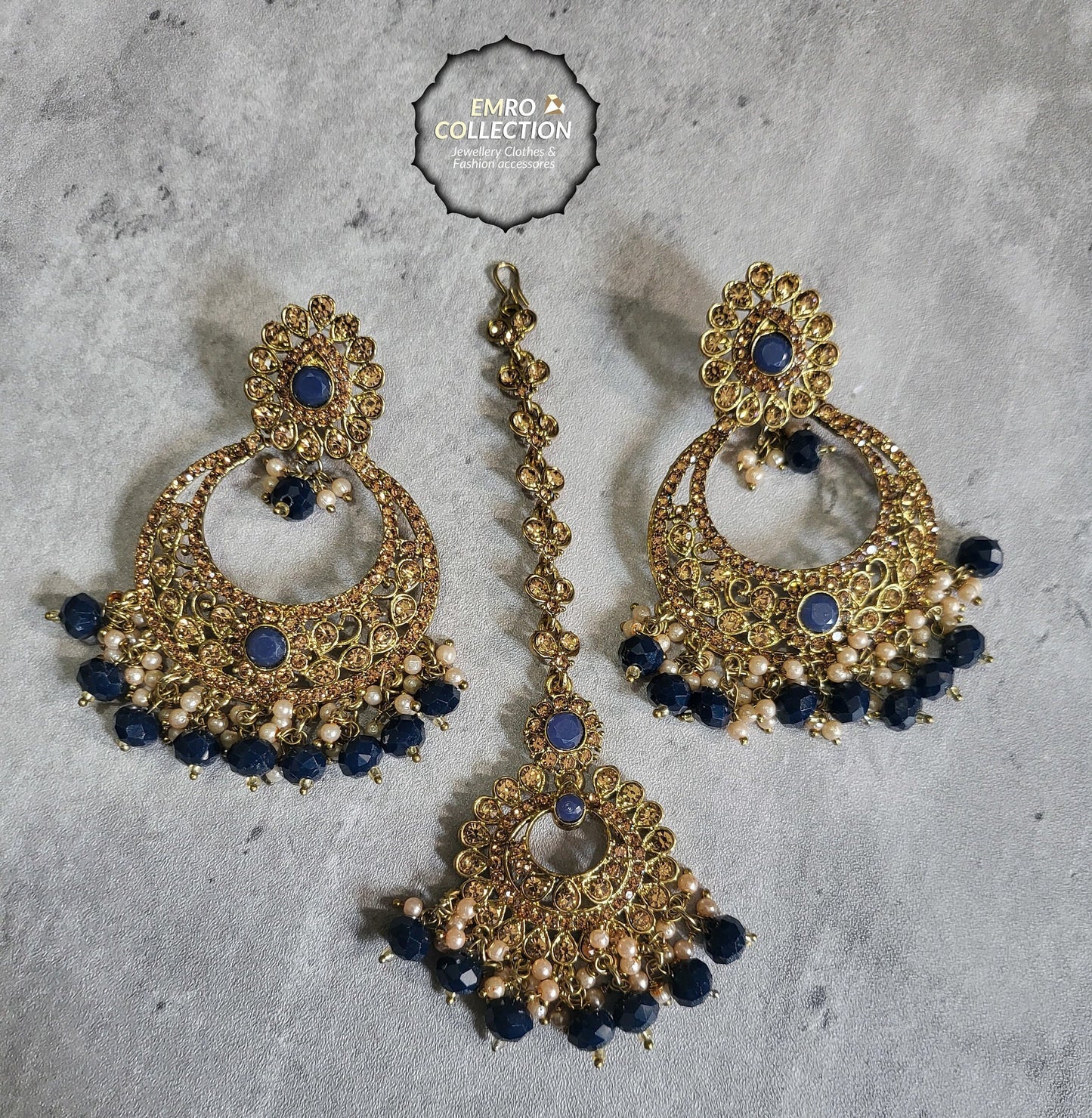 navy blue earrings tikka set, dark bllue earrings, wedding jewellery, high quality indian jewellery. suitable for wedding and parties