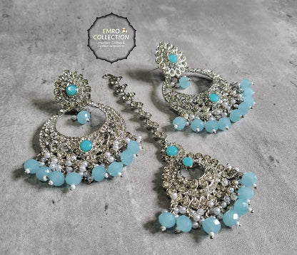 Mint Blue earrings tikka set, Light Blue earrings, wedding jewellery, High quality Indian jewellery. suitable for wedding and parties