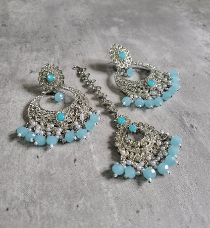 Mint Blue earrings tikka set, Light Blue earrings, wedding jewellery, High quality Indian jewellery. suitable for wedding and parties