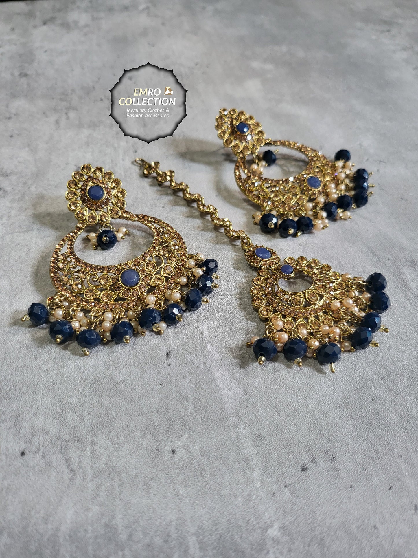 navy blue earrings tikka set, dark bllue earrings, wedding jewellery, high quality indian jewellery. suitable for wedding and parties