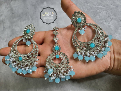 Mint Blue earrings tikka set, Light Blue earrings, wedding jewellery, High quality Indian jewellery. suitable for wedding and parties