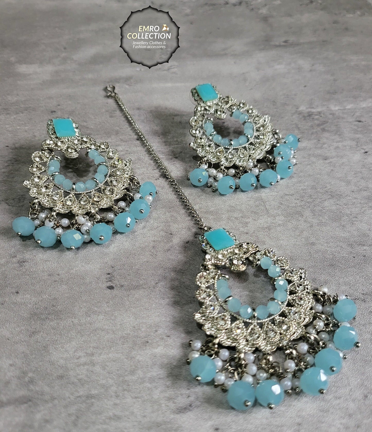 light blue mang tikka and earrings set for your event