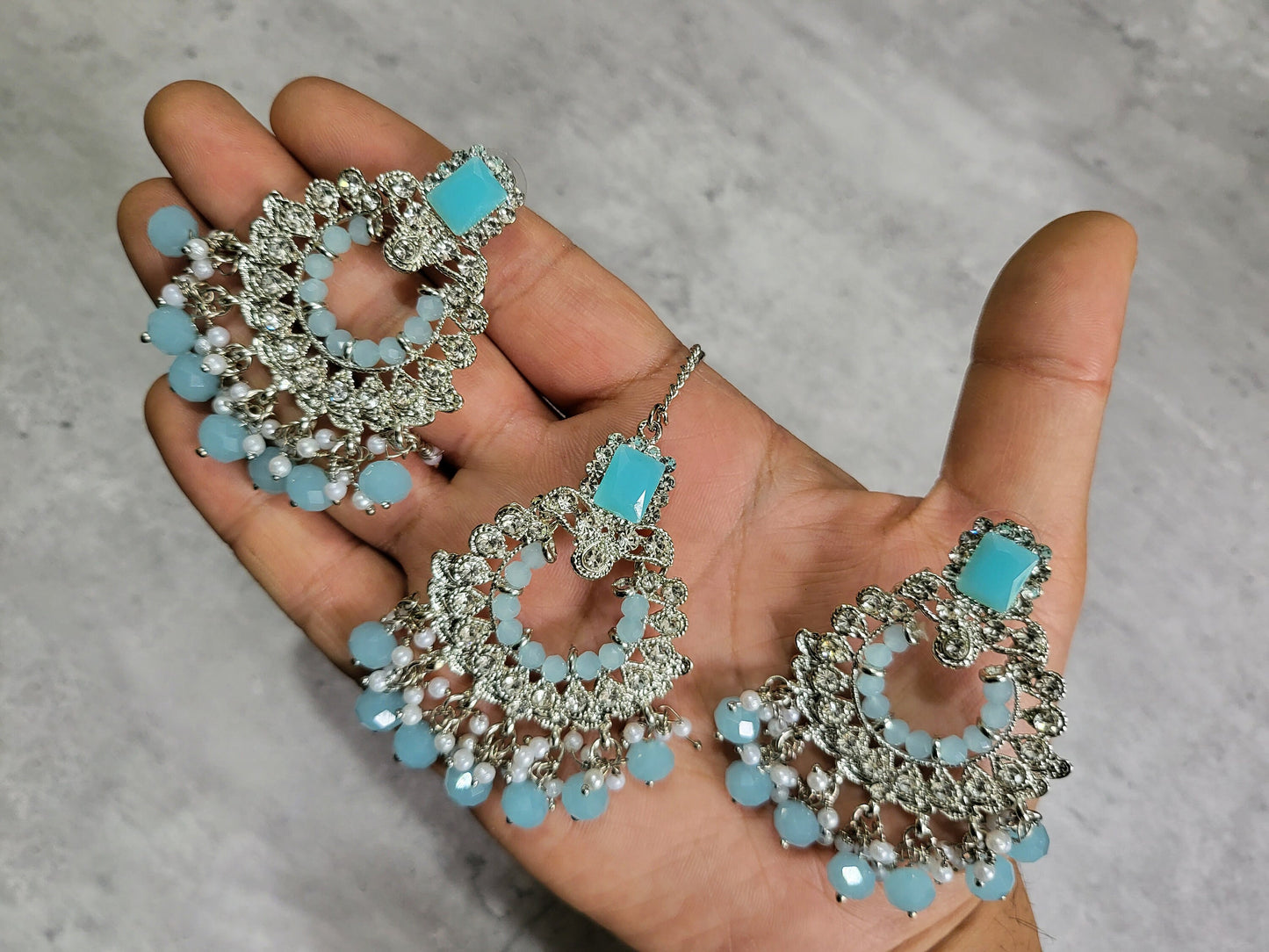 light blue mang tikka and earrings set for your event