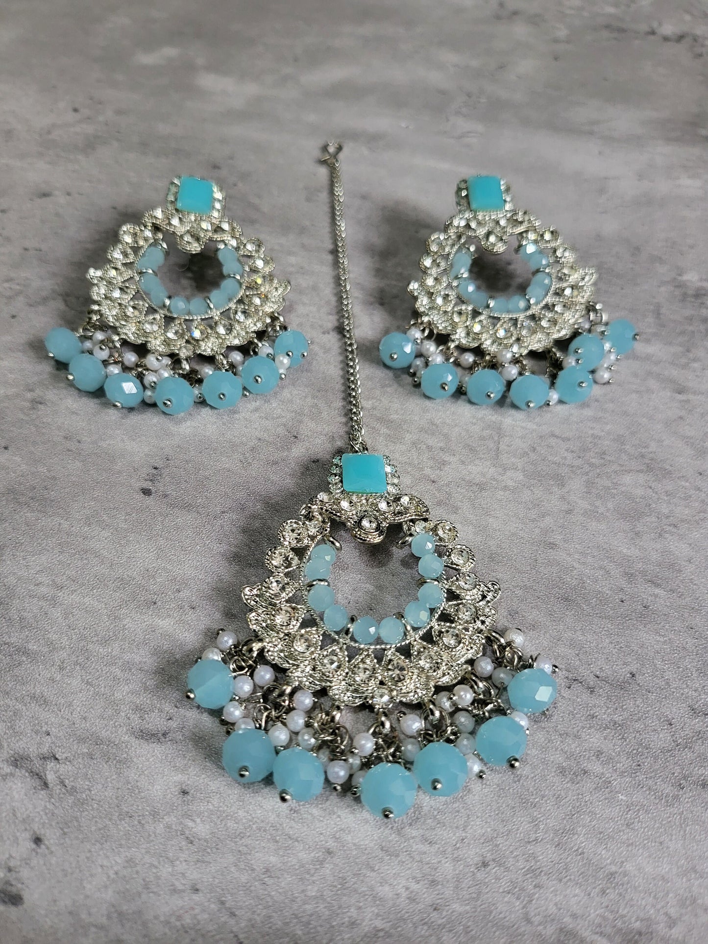 light blue mang tikka and earrings set for your event